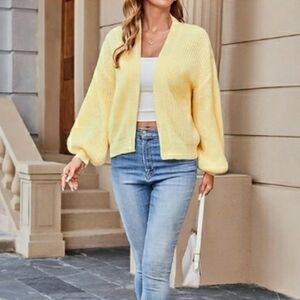 Women's Open Front Long Sleeve Ribbed Knit Cropped Cardigan Sweater Yellow